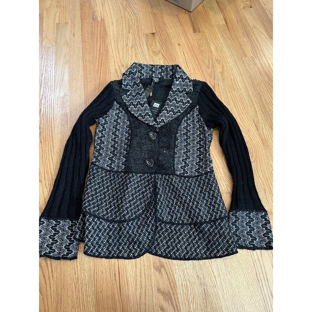 New SIONI Women’s Large Cardigan Sweater Jacket Black Lace Wool Mohair Blend